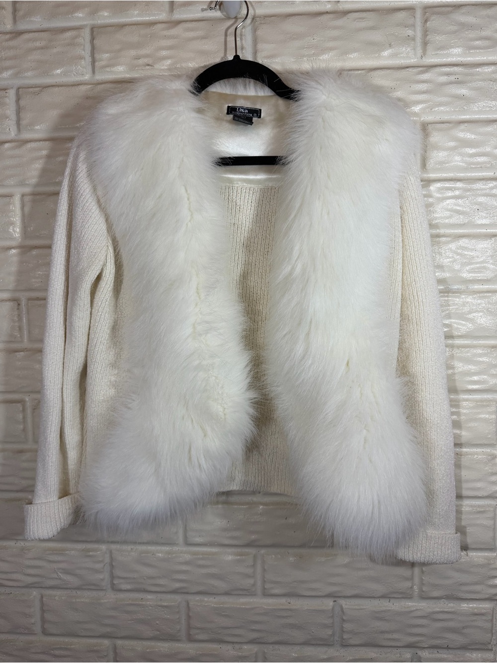 Vintage Lisa International White Faux Fur Cardigan Sweater S Y2K Coquette